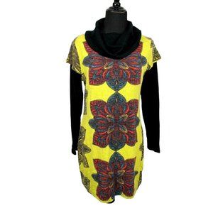 Aryeh Anthropologie Tunic Sweater Dress sz L Womens Black Gold Mandala Cowl Neck